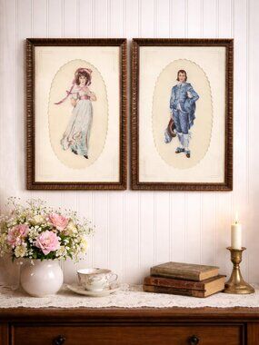 Vintage Pinkie & Blue Boy Petit Point Framed Art, Victorian Inspired Needlepoint